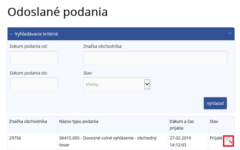 Obrázok: Vyhľadanie podania Obrázok: Vyhľadanie podania