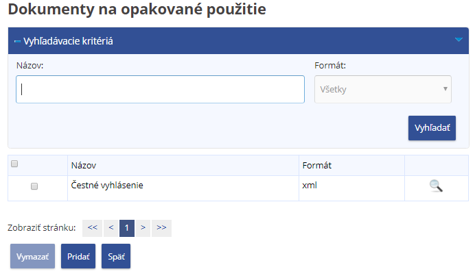 Obrazovka: Dokumenty na opakované použitie Obrazovka: Dokumenty na opakované použitie